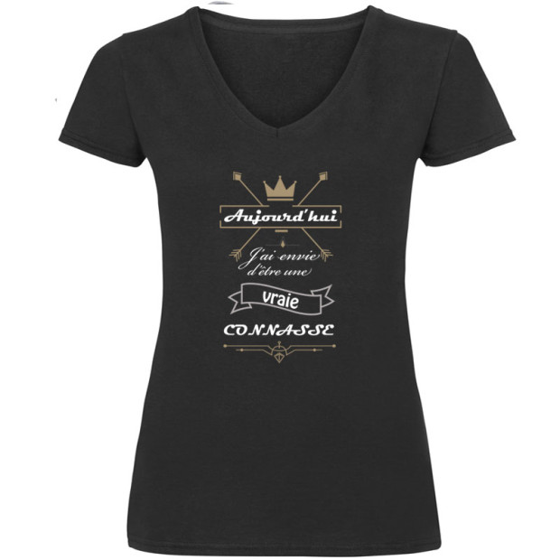 T-Shirt Femme Humour "Connasse Mais Avec Classe" - Col En V - Message Insolent Et Féminin - Cadeau Drôle Pour Amie