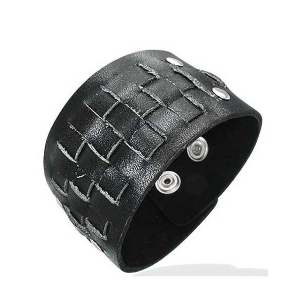 Bracelet cuir noir pression tressé